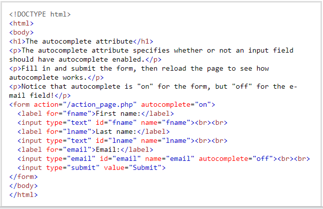 Input autocomplete attribute in HTML